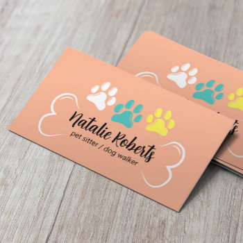 Pet Sitting Dog Walker Cute Paws Peach Color Business Card by cardfactory at Zazzle