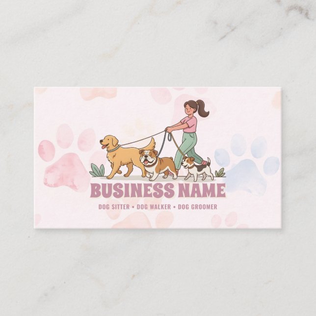 Pet Sitting Dog Walker Cute Pink Business Card (Front)