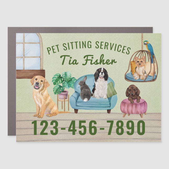 Pet Sitting, Dog Walking, Grooming Business Card Car Magnet (Front)