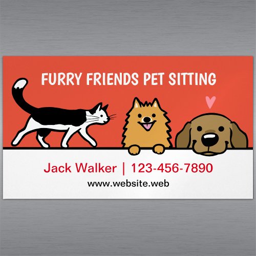 Pet Sitting Dogs and Tuxedo Cat Pomeranian Lab  Business Card Magnet