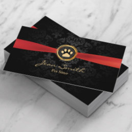 Pet Sitting Elegant Red Ribbon Gold Paw Damask Business Card