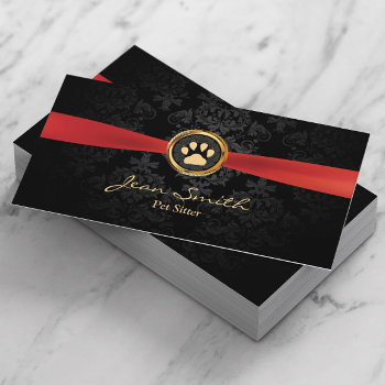 Pet Sitting Elegant Red Ribbon Gold Paw Damask Business Card by cardfactory at Zazzle