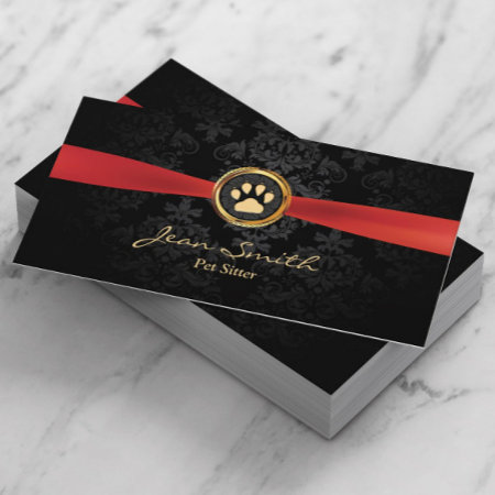 Pet Sitting Elegant Red Ribbon Gold Paw Damask Business Card