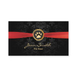 Pet Sitting Elegant Red Ribbon Gold Paw Damask Business Card Pet Sitting Elegant Red Ribbon Gold Paw Damask Business Card