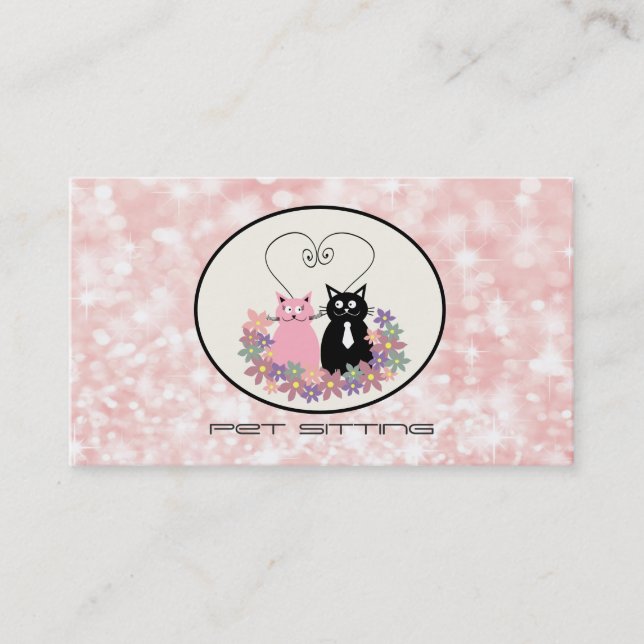 Pet sitting funny floral cats glittery bokeh business card (Front)