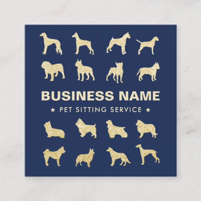 Pet Sitting Modern Gold Dogs Silhouettes Navy Blue Square Business Card (Front)