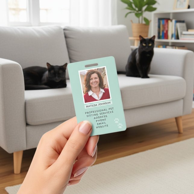 Pet Sitting Paw Print Photo Identification Badge (Upload your photo and add your details to this paw print id badge. Purrfect for pet sitters!)