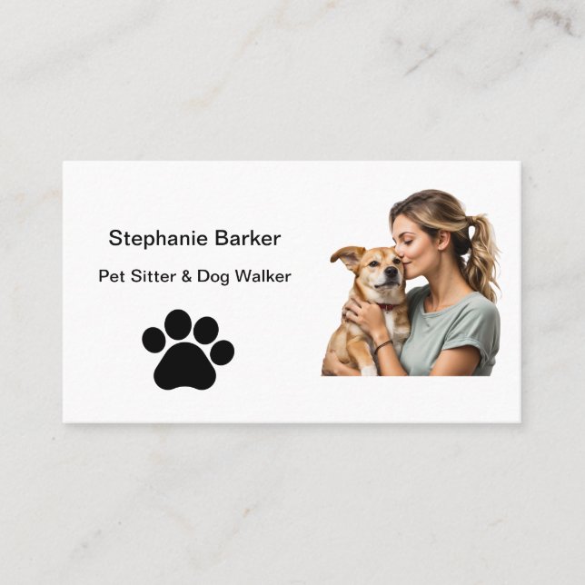 Pet Sitting Photo Minimalist Paw  Business Card (Front)