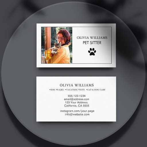 Customizable Pet Sitting Photo Minimalist Paw Print  Business Card