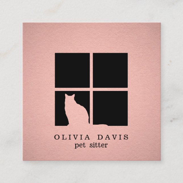 Pet Sitting Services Cat in Window Black and Pink Square Business Card (Front)