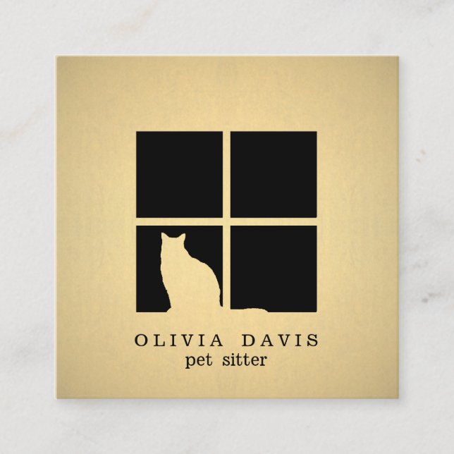 Pet Sitting Services Cat in Window Black & Gold Square Business Card (Front)