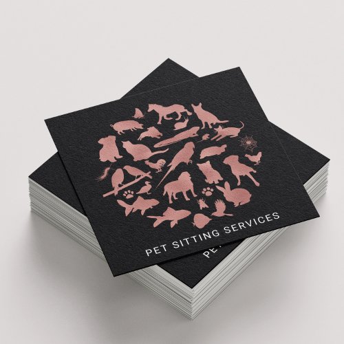 Pet Sitting Services Rose Gold  Black Square Business Card