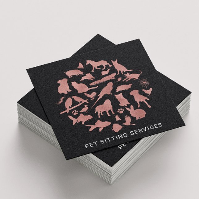 Pet Sitting Services Rose Gold & Black Square Business Card (Creator Uploaded)