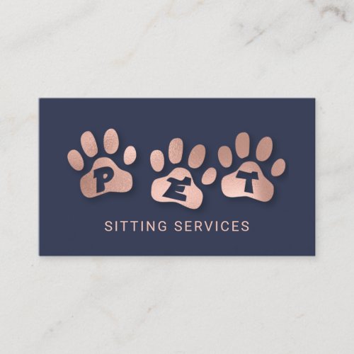 Pet Sitting Services Rose Gold  Navy Business Card