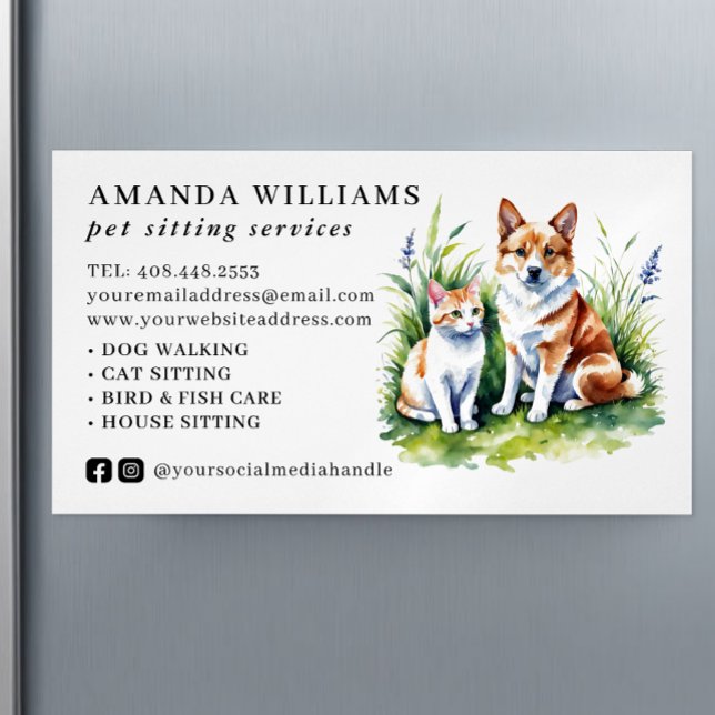 Pet Sitting Services Watercolor  Business Card Magnet (Creator Uploaded)
