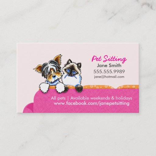Customizable Pet Sitting Yorkie w/ Cat Couch Pink Business Card