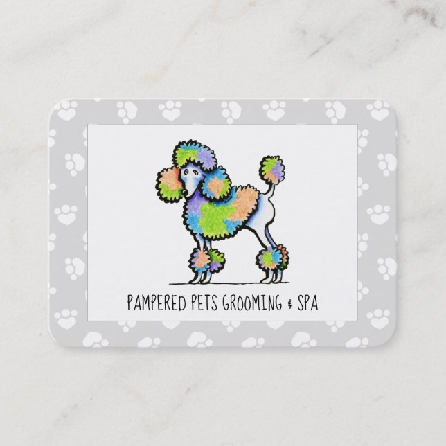 Pet Spa Dog Groomer Business Rainbow Poodle GY Business Card (Front)