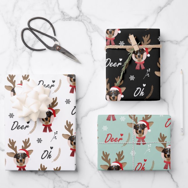 Pet Star | Custom Face Photo Reindeer Christmas Wrapping Paper Sheets (Front)