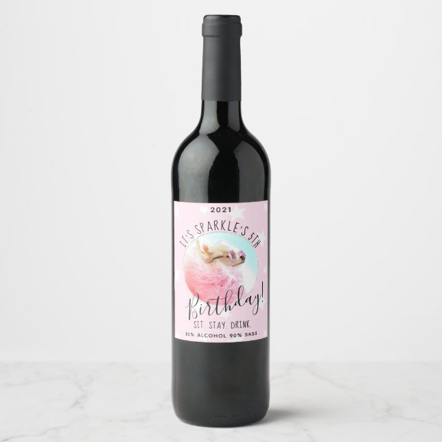 Pet Star | Photo Dog Birthday Party Stars Wine Label (Front)