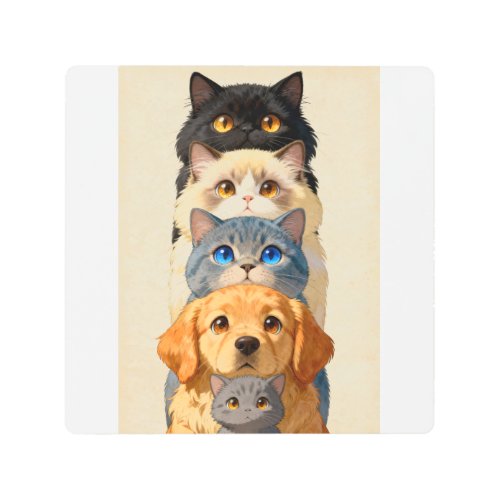 Pet Totem Stack Whimsical Cats and Golden Retrievr Metal Print