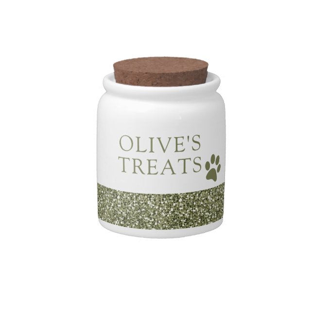 Pet Treat Container Olive Green Glitter Small Jar (Front)