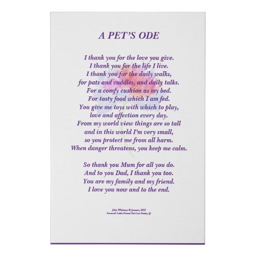 Pet Tribute To Owner Poem Wrapped Canvas Print