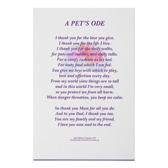Pet Tribute To Owner Poem Wrapped Canvas Print (Front)