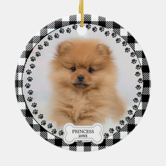  Pet Two Photo Christmas Black Plaid Personalized Ceramic Ornament (Back)