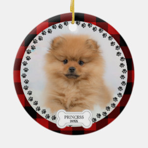 Pet Two Photo Christmas Red Plaid Personalized  Ceramic Ornament
