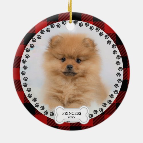  Pet Two Photo Christmas Red Plaid Personalized  Ceramic Ornament