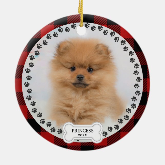  Pet Two Photo Christmas Red Plaid Personalized  Ceramic Ornament (Back)