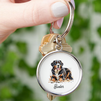 Pet Watercolor Bernese Mountain Brown Personalize Keychain