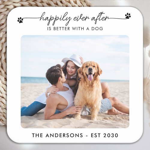Pet Wedding Custom Photo Dog Happily Ever After Square Paper Coaster