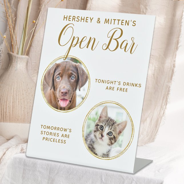Pet Wedding Dog Open Bar Photo Elegant Gold Drinks Pedestal Sign (Creator Uploaded)