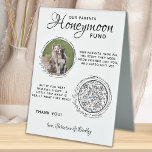 Pet Wedding Dog Photo Cash Honeymoon Fund QR Code Table Tent Sign<br><div class="desc">Let your best dog be in charge of your honeymoon with this custom pet photo honeymoon fund sign. Perfect for dog lovers, and a dog honeymoon fund will be a hit at your wedding. Simple modern white with black botanical eucalyptus leaves. "Our Parents Honeymoon Fund" Customize this pet wedding honeymoon...</div>