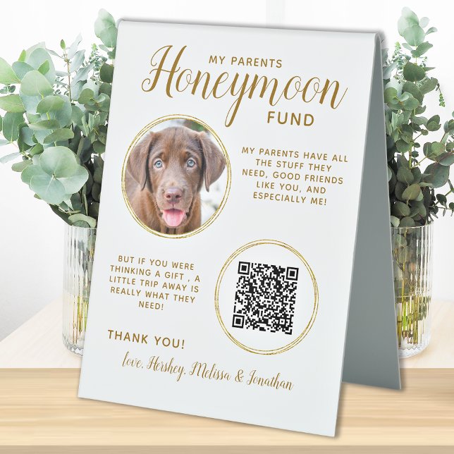 Pet Wedding Dog Photo Gold QR Code Honeymoon Fund  Table Tent (Creator Uploaded)