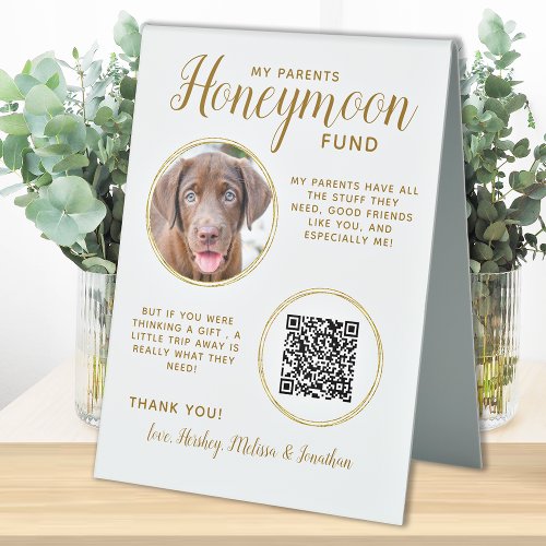 Pet Wedding Dog Photo Gold QR Code Honeymoon Fund  Table Tent Sign