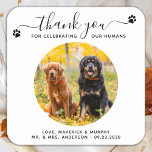 Pet Wedding Modern Elegant Script Photo Thank You Square Paper Coaster<br><div class="desc">Thank You for celebrating my humans! Add the finishing touch to your wedding with these cute custom photo wedding coasters . Perfect for your wedding after party and reception, and as wedding favors for your guests. Customize these photo dog wedding coasters with your favorite wedding photo, dog of honors photo,...</div>