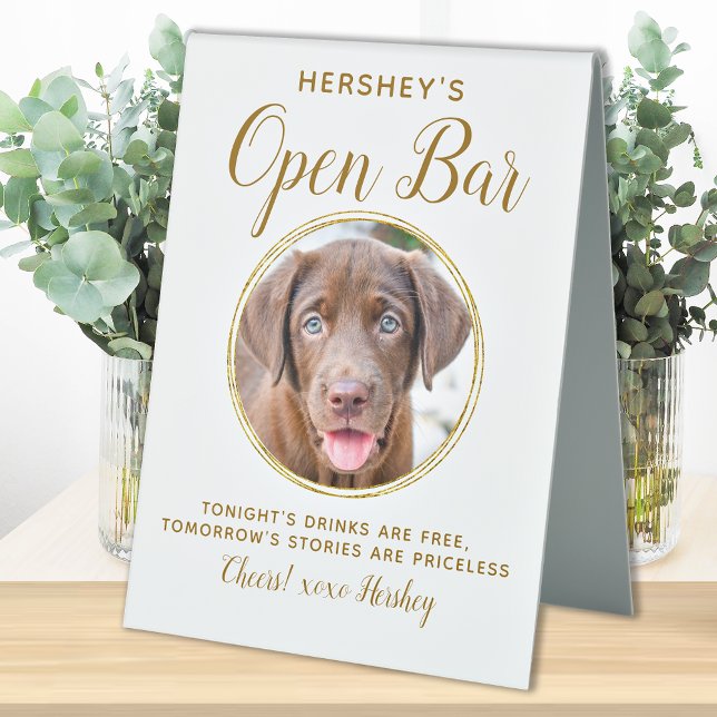Pet Wedding Open Bar Dog Photo Elegant Gold Drinks Table Tent (Creator Uploaded)
