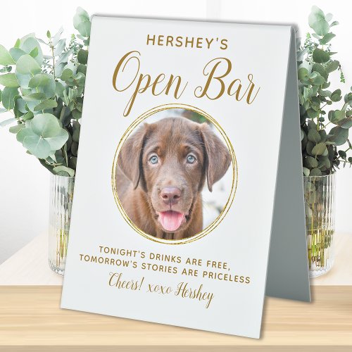 Pet Wedding Open Bar Dog Photo Elegant Gold Drinks Table Tent Sign