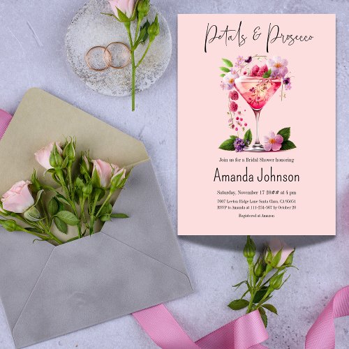 Petal and Prosecco Blush Pink Floral Bridal Shower Invitation