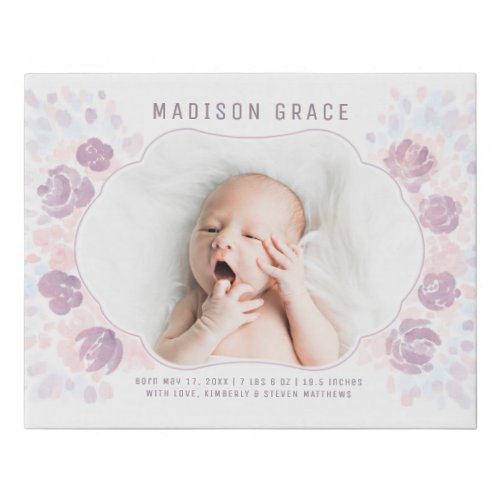 Petal Baby Girl Birth Announcement Custom Photo Faux Canvas Print