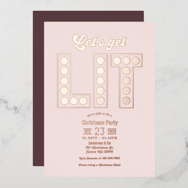 Petal Glow Let's Get Lit Retro Christmas Party Foil Invitation (Front/Back)