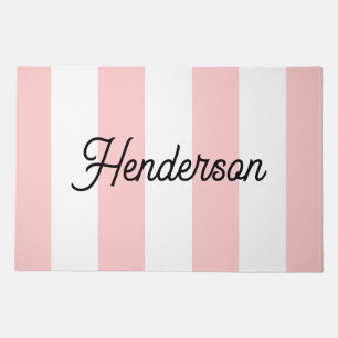 Petal Pink and White Cabana Stripes Monogrammed Doormat