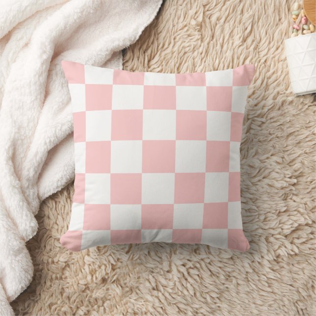 Petal Pink and White Checkerboard Throw Pillow (Blanket)