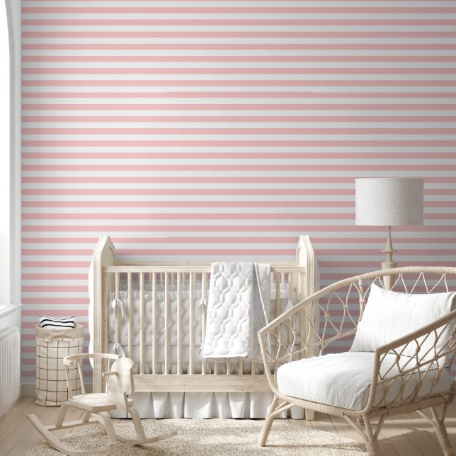 Petal Pink and White Classic Horizontal Stripes Wallpaper (Kids)