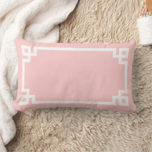 Petal Pink and White Greek Key Border Lumbar Pillow