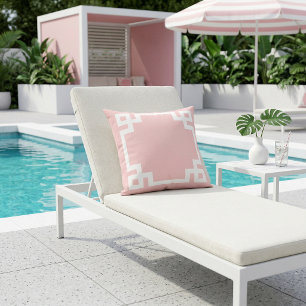 Petal Pink and White Greek Key Border Outdoor Pillow