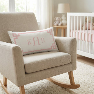 Petal Pink and White Greek Key | Monogrammed Lumbar Pillow