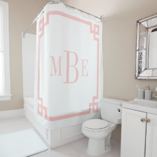 Petal Pink and White Greek Key | Monogrammed Shower Curtain